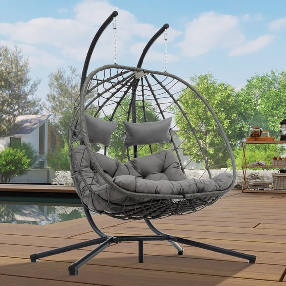 2-Person Wicker Hanging Egg Chair with Stand, PE Rattan Outdoor Patio Chair, Light Grey