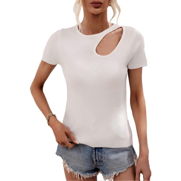 Women Cutout Top Pure Color Fashionable Slim Fitting Short Sleeve Cutout Shirt for Daily