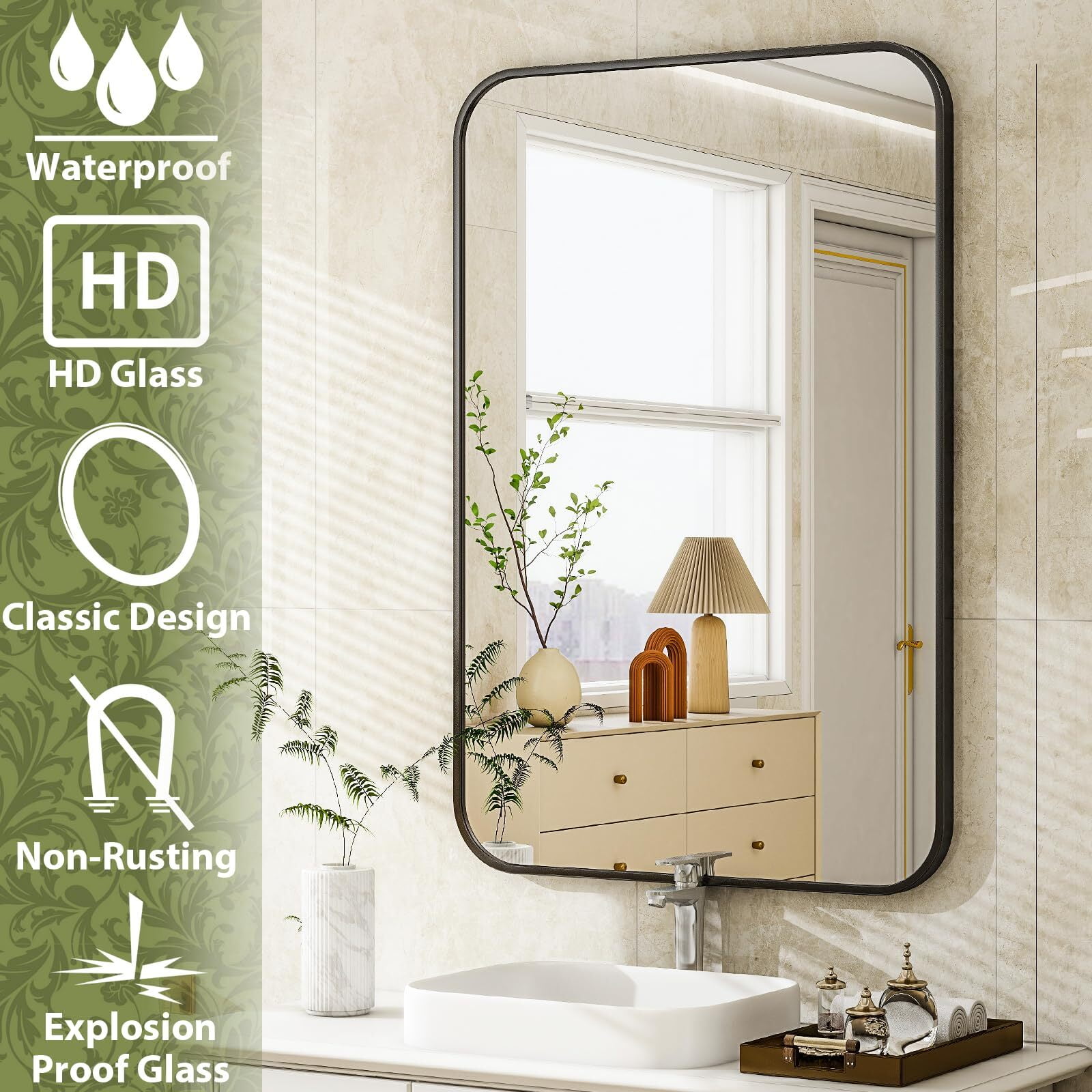 Anyrose Bathroom Mirror Rectangle Wall Mirror 30 x 40 inch Large Wall Mounted Vanity Mirrors with Aluminum Frame,Black