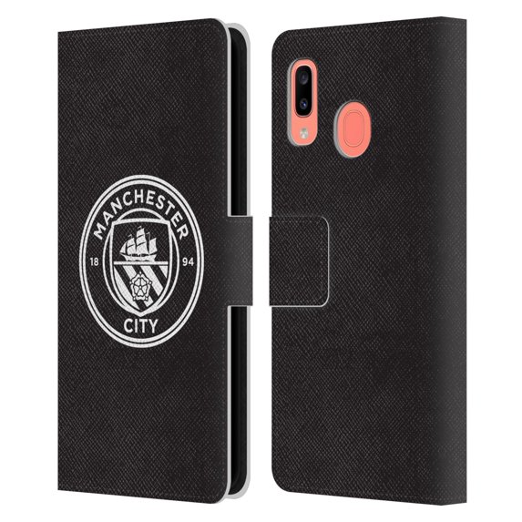 Head Case Designs Officially Licensed Manchester City Man City FC Badge Black White Outline Leather Book Wallet Case Cover Compatible with Samsung Galaxy A20 / A30 2019