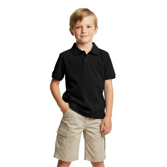 Zfeel Kids Short Sleeve Polo Shirt, Button Closure Comfort Fabric Dailywear Tee, Black, XS