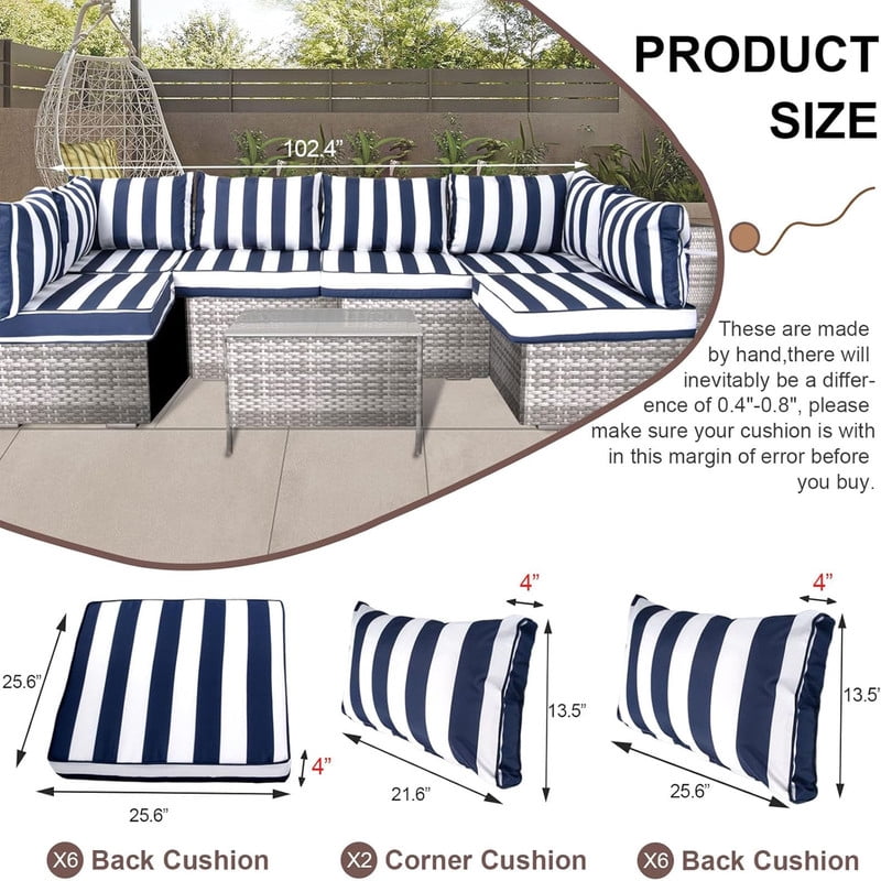 Outdoor Sectional Cushions, 6 Seat Patio Sectional Cushions, 4" Foam High-Density, Water-Resistant Patio Sofa Cushions Replacement Set（Blue white）