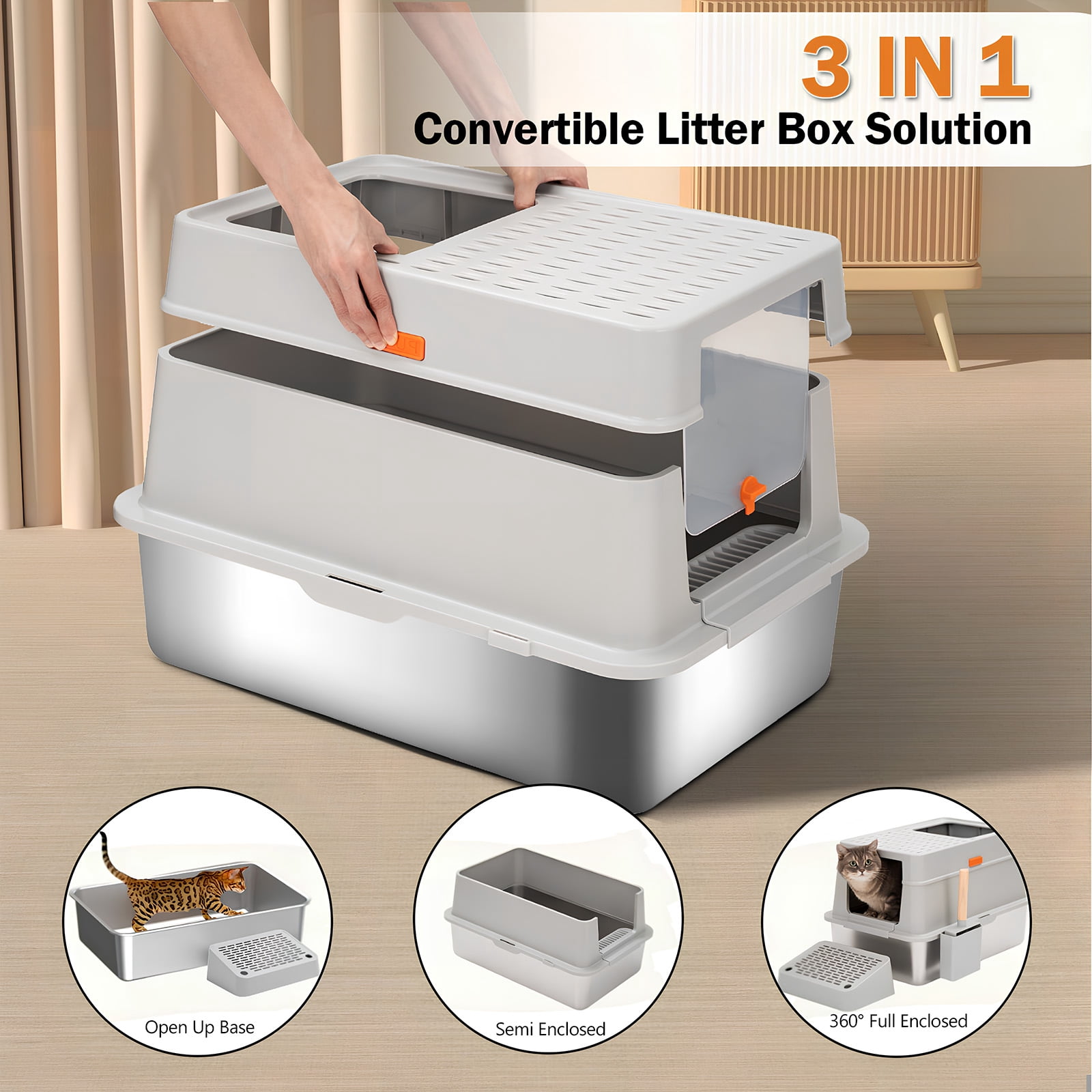 Furrbby Covered Stainless Steel Litter Box, Large High Side for Cat, Grey