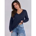 thumbnail image 5 of Women Long Sleeve Cable Knit Sweater Fall Fashion V Neck Fitted Pullover Business Casual Fall Outfits Navy Blue L, 5 of 8
