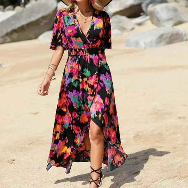 Vestido De Flores Vestido floral para mujer Vestido midi con vendaje Cintura Vacaciones en la playa (Negro S) Cgtredaw Para estrenar