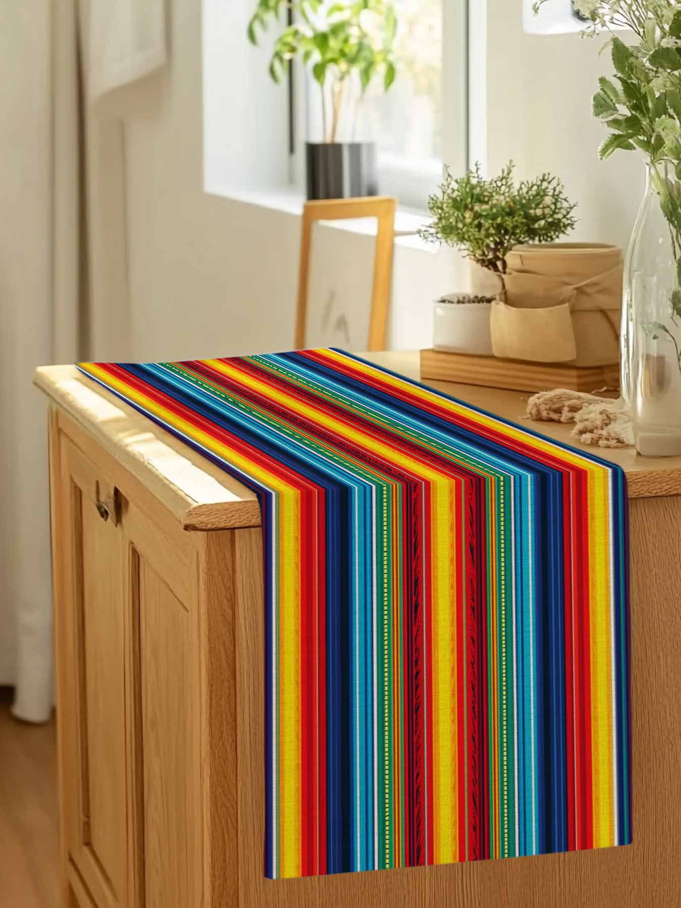 Boho Ethnic Mexican Stripes Table Runner 90 Inches Long, Native Colorful American Stripe Table Runners Tabletop Scarf Kitchen Dining Tables Decoration for Home Party Indoor Outdoor