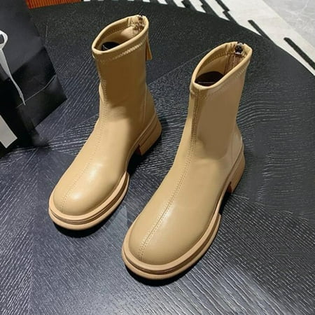 

ERTUTUYI Women Ankle Boots Autumn And Winter Fashion Comfortable Simple Solid Color British Style Round Toe Square Heel Back Zipper A 39