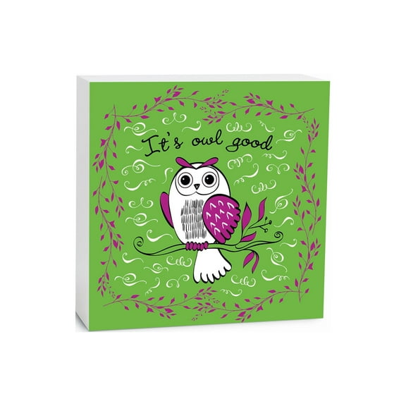 It's Owl Good Neon Green Owl Branch 5 x 5 Wood Tabletop Sign Plaque