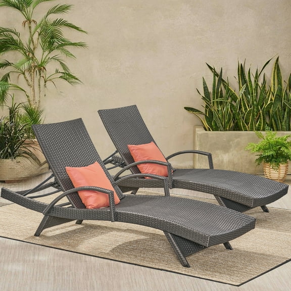 Gray 2-Piece Faux Rattan Outdoor Chaise Lounge Set - Weather-Resistant, Adjustable Recline