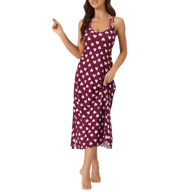 Vestido de pijama para mujer Inspire Chic con tirantes de espagueti, escote redondo, espalda cruzada, camisón largo, S, corazón rojo