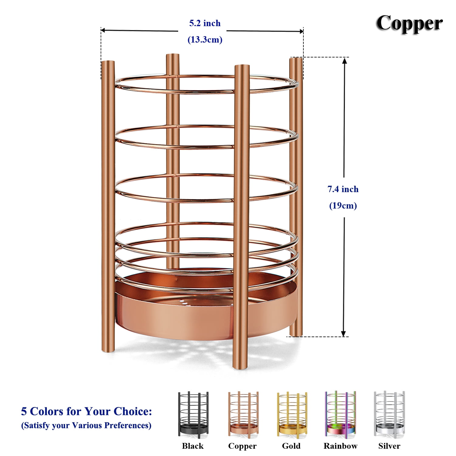 Just Houseware Rose Gold Stainless Steel Utensil Holder, Cooking Utensil Organizer with Drain Holes, Extra Large Kitchen Utensil Holders for Countertop