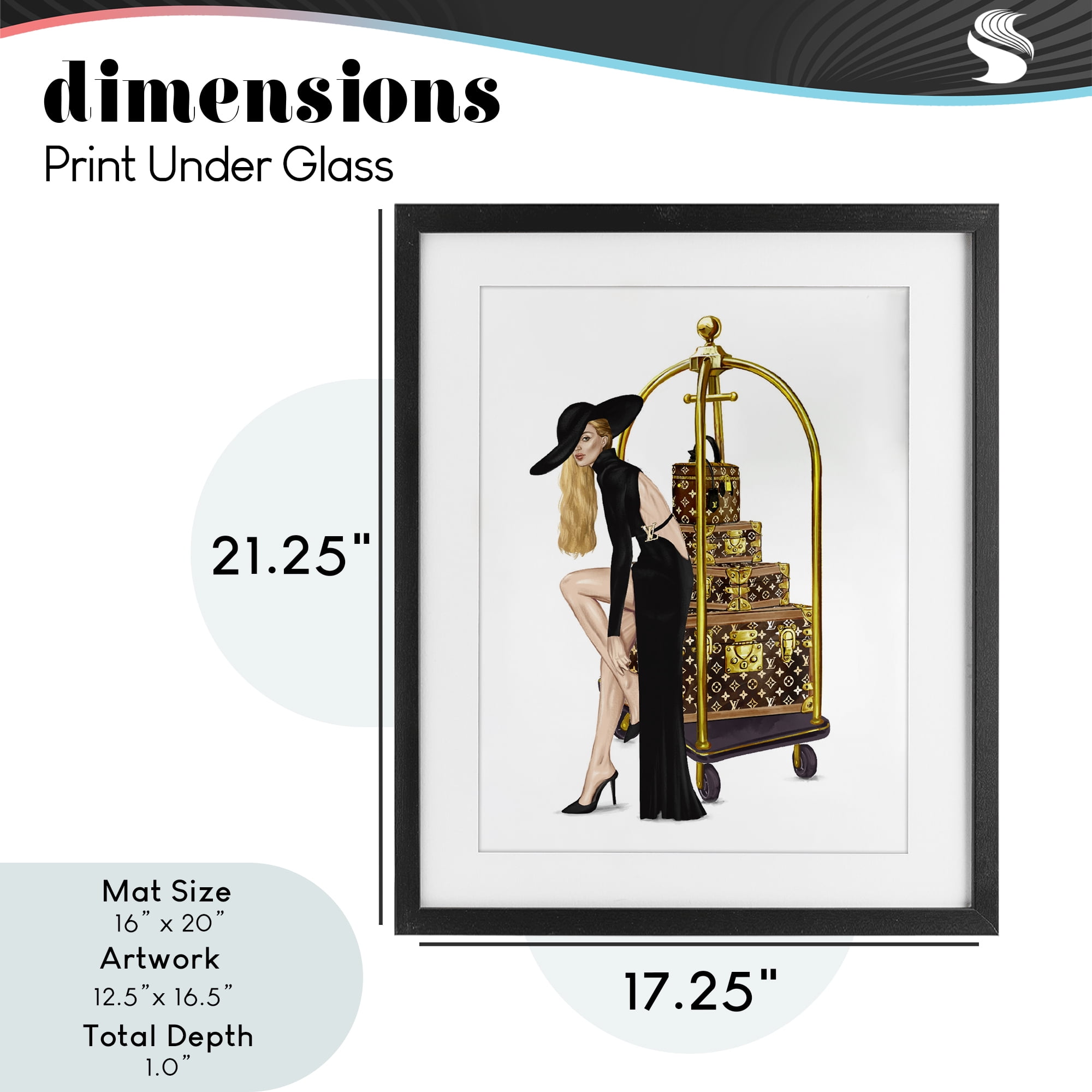 Fashionista with Hotel Luggage Black Framed Print Under Glass, design by Ziwei Li