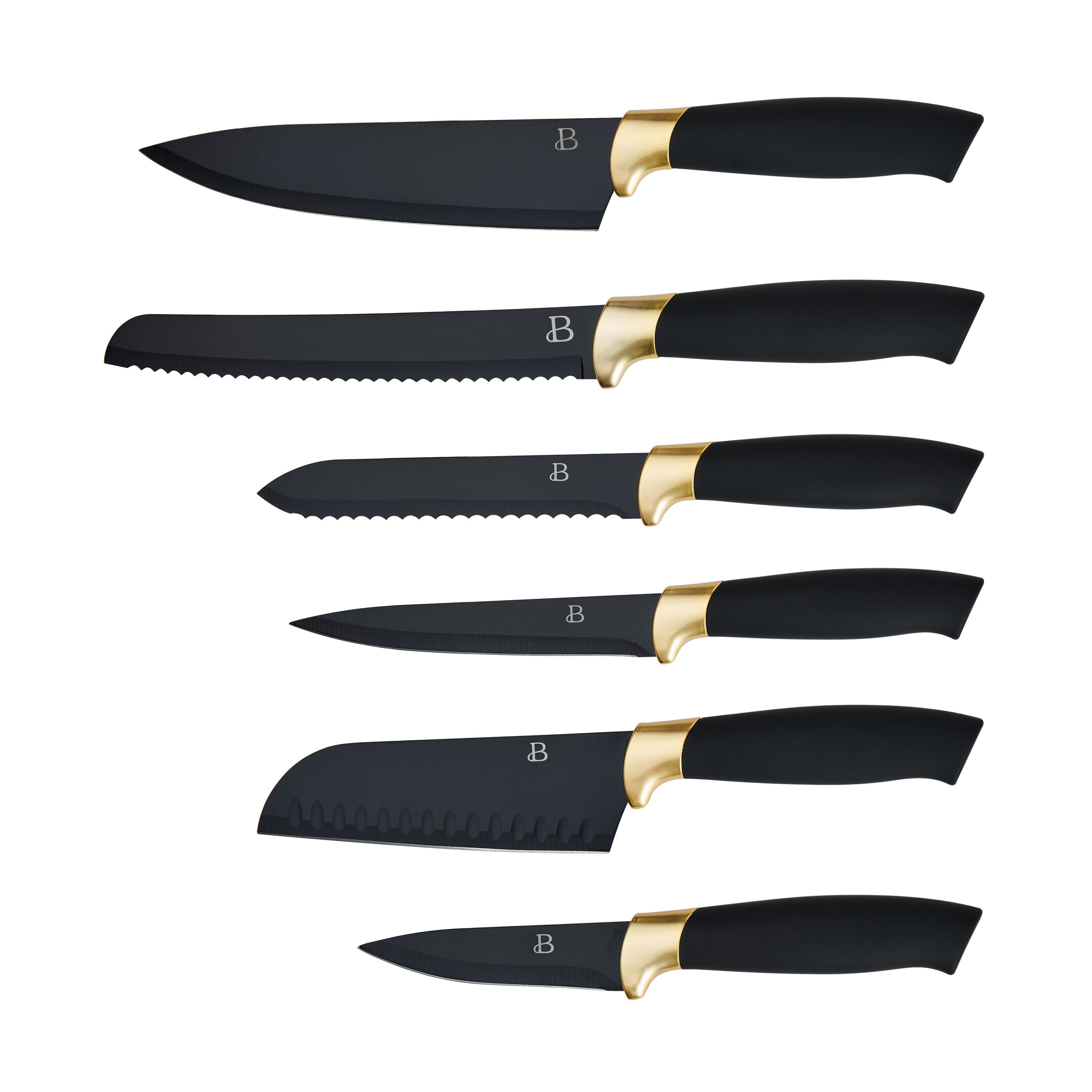 Beautiful 6 Piece Stainless Steel Knife Set Black Sesame with Gold Accent By Drew Barrymore