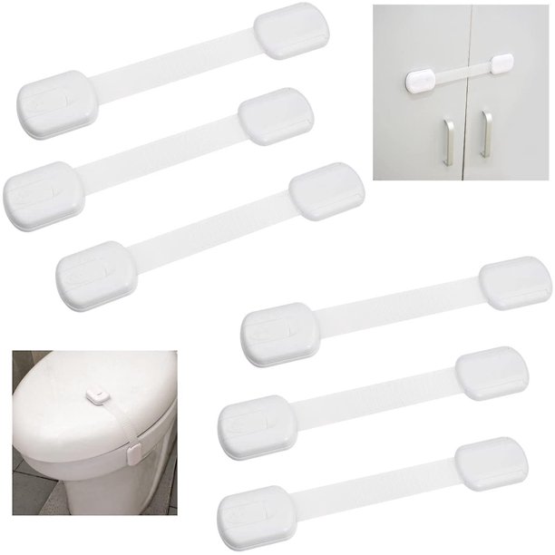 Cerraduras de seguridad infantil (blanco) - Set de 6-Previene lesiones y puertas de apertura (horno), armarios (fregadero de cocina), asientos de inodoro, etc. -No hay herramientas o tornillos Nee Feliz Sencillez