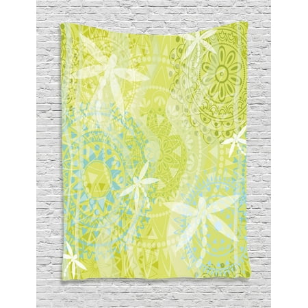 Designer Inspired Animal (Animal Wall Hanging Tapestry, Dragonfly Silhouettes over Round Ethnic Mandala Circles Oriental Inspired Complex Print, Bedroom Living Room Dorm Decor, Green White, by)