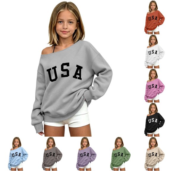 Toddler Kids Girls USA Graphic Sweatshirt Letter Print Long Sleeve Boat Neck Loose Fit Casual Pullover Top 3-4 Years