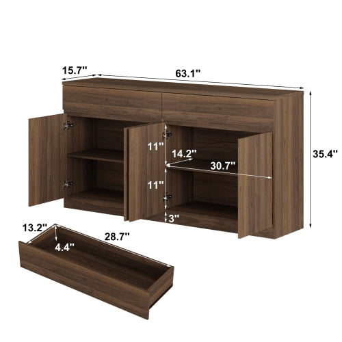 63.1" Sideboard Buffet Cabinet with Storage, 2 Drawers & 4 Doors, Large Kitchen Dining Room Credenza, Coffee Bar Table, Walnut