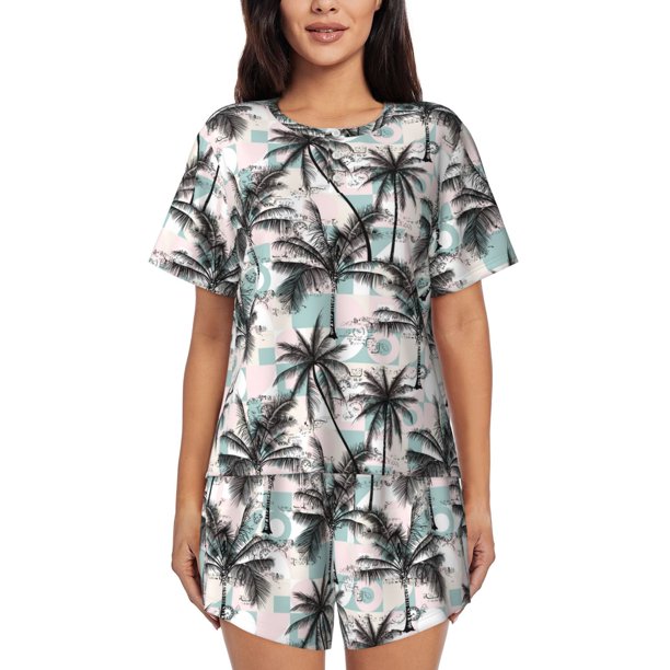 Fotbe Hawaii Palms Conjunto de Pijama Estampado para Mujer, 2 Piezas, Ropa de Dormir con Camiseta de Manga Corta y Shorts Suaves-X-Large