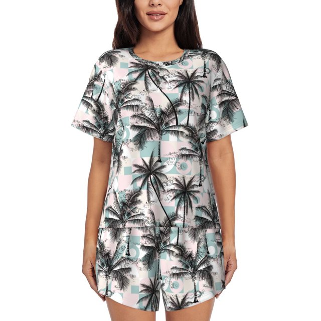 Fotbe Hawaii Palms Conjunto de Pijama Estampado para Mujer, 2 Piezas, Ropa de Dormir con Camiseta de Manga Corta y Shorts Suaves-XX-Large