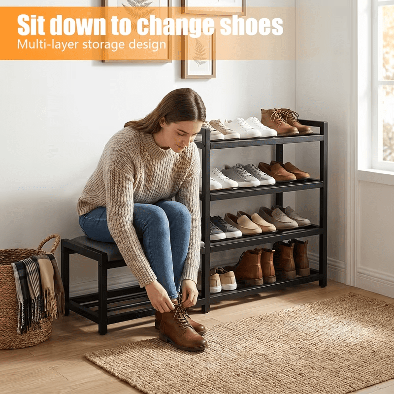 4-Tier Shoe Rack with Cushion,Heavy Duty Carbon Steel Frame, Anti-Slip Feet, Space-Saving Storage Organizer Shelf for Entryway, Living Room, Bedroom,Black