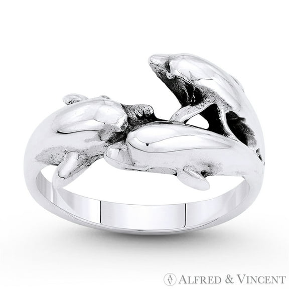 Dolphin Pod Animal Charm Stackable Right-Hand Ring in Oxidized .925 Sterling Silver