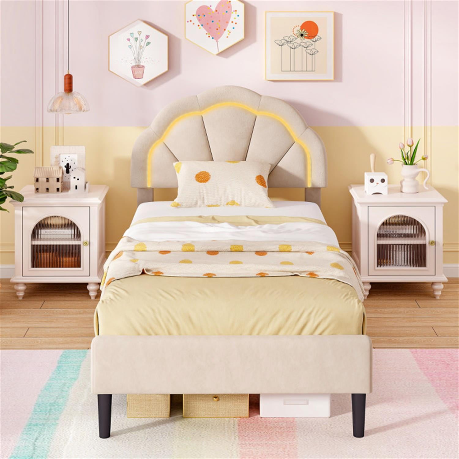 Demi Bonn Twin Size Upholstered LED Bed Frame with Adjustable Flower Headboard and Metal Support Feet, Platform Bed Frame with Wood Slats Support, No Box Spring Needed, Beige