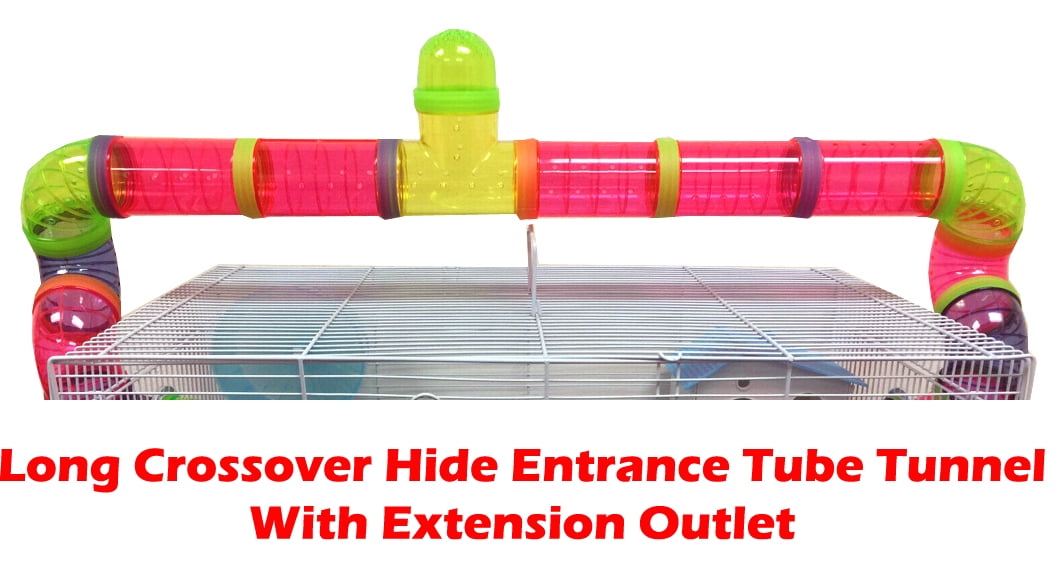 PINK LARGE 3-Tiers Hamster Habitat Mouse Home Gerbil Cage With Long Crossover Entrance Tube Tunnel Expansion Outlet 5.5" Deep Base For Rodent Rat Mice