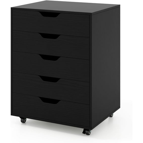 POWERSTONE 5 Drawers Chest Wood Storage Cabinets with Locking Wheels Filing Cabinet Under Desk Storage for Office Home, Black