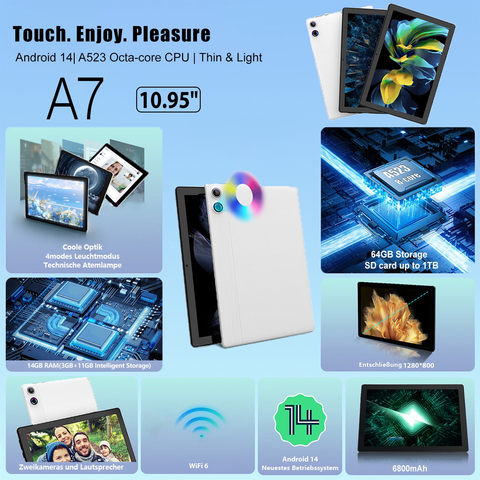 11 inch Tablet Android 14 Octa-Core, 14GB RAM+64GB ROM (TF 1TB), 6800mAh, Widevine L1, WiFi 6, 8 in 1 Tablet with Keyboard, Mouse, Protective Case, Stylus, Headset, Charger- White