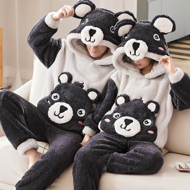 Pijama grande de terciopelo coral grueso para hombre y mujer, traje de otoño e invierno de franela con bordado de dibujos animados, traje de casa para hombre y mujer.