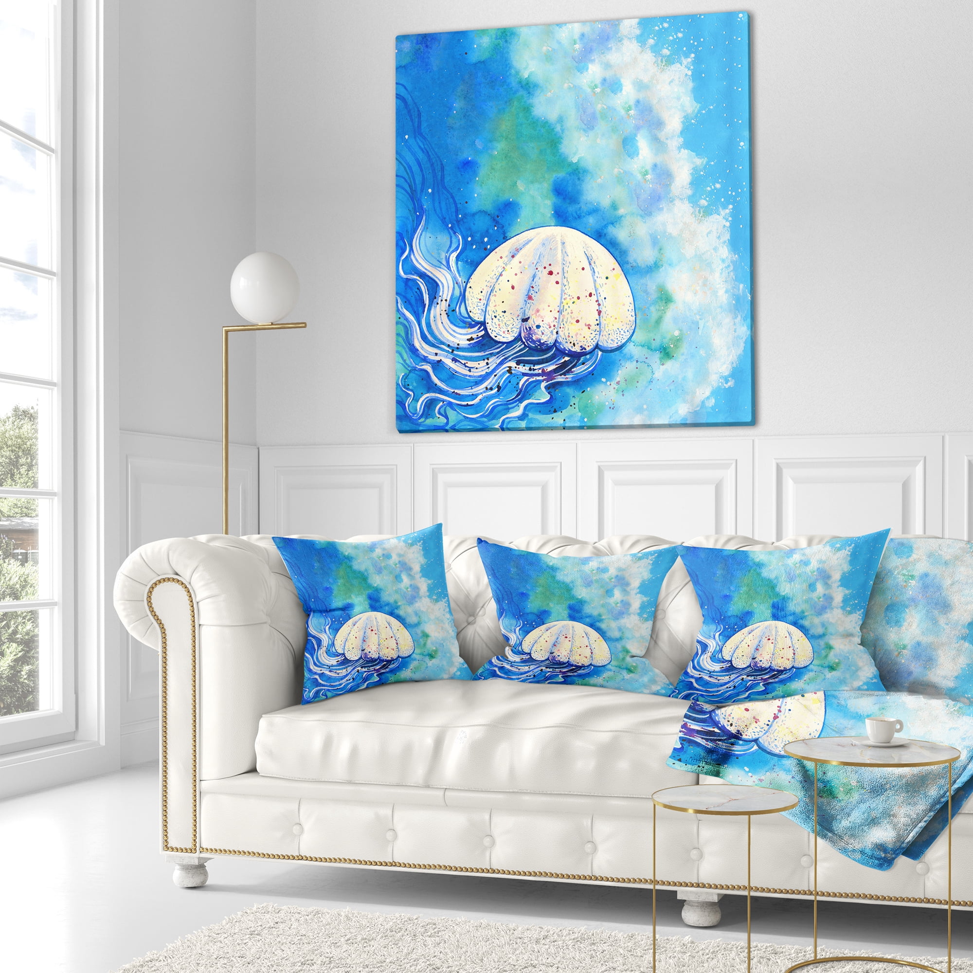 Designart Large Jellyfish Watercolor - Abstract Throw Pillow - 16x16