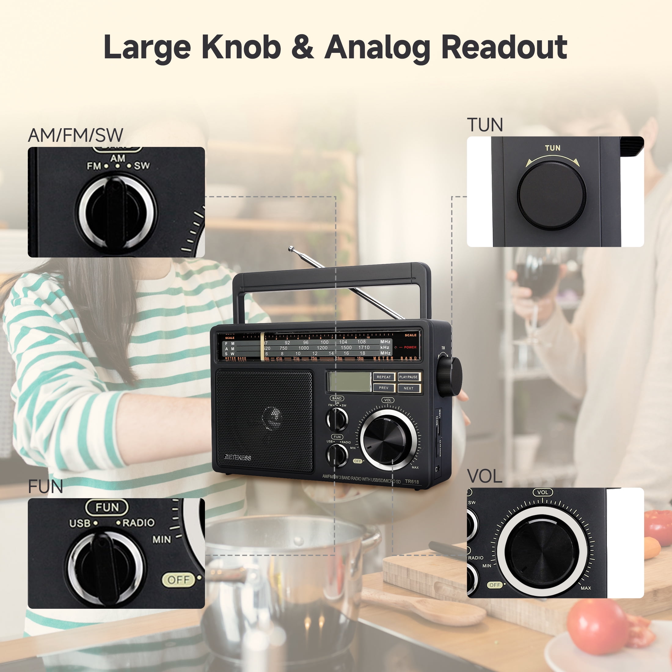 Retekess TR618 AM FM Radio, Portable Radios,D Battery Operated or AC Power, Big Speaker, Emergancy radio,for Home Kitchen or Drive in,Father's Day