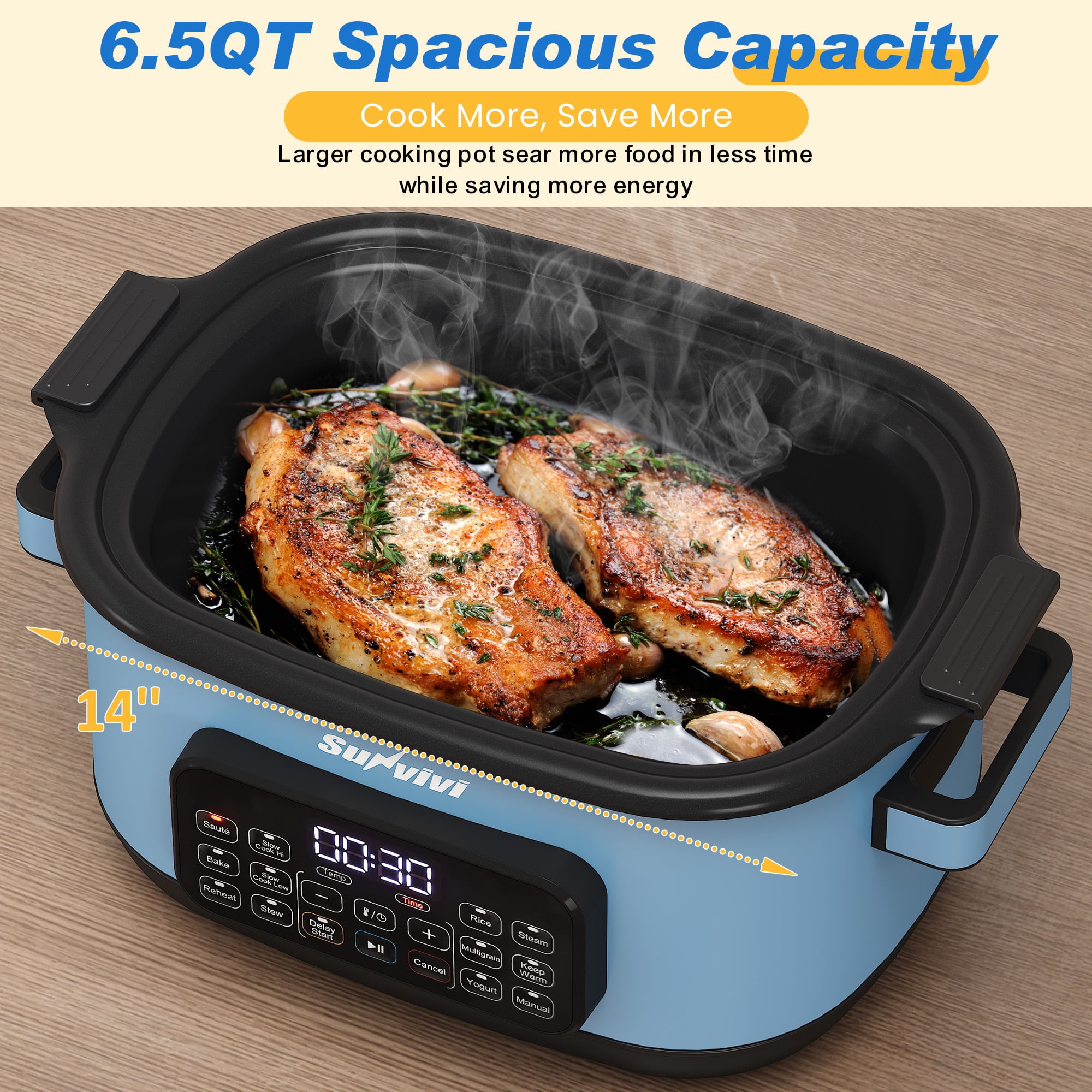 Sunvivi 12-in-1 Digital Programmable Slow Cooker, 6.5 QT Large Multicooker, Multi-Cooker with Timer, Temp Control, Blue