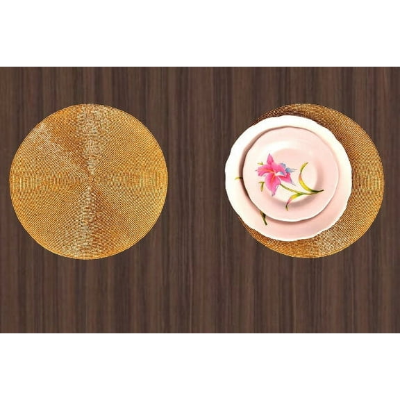 Set Of 6 Placemat, Solid Gold Beaded Tablemat, Designer Charger Plates 13X13 Inch