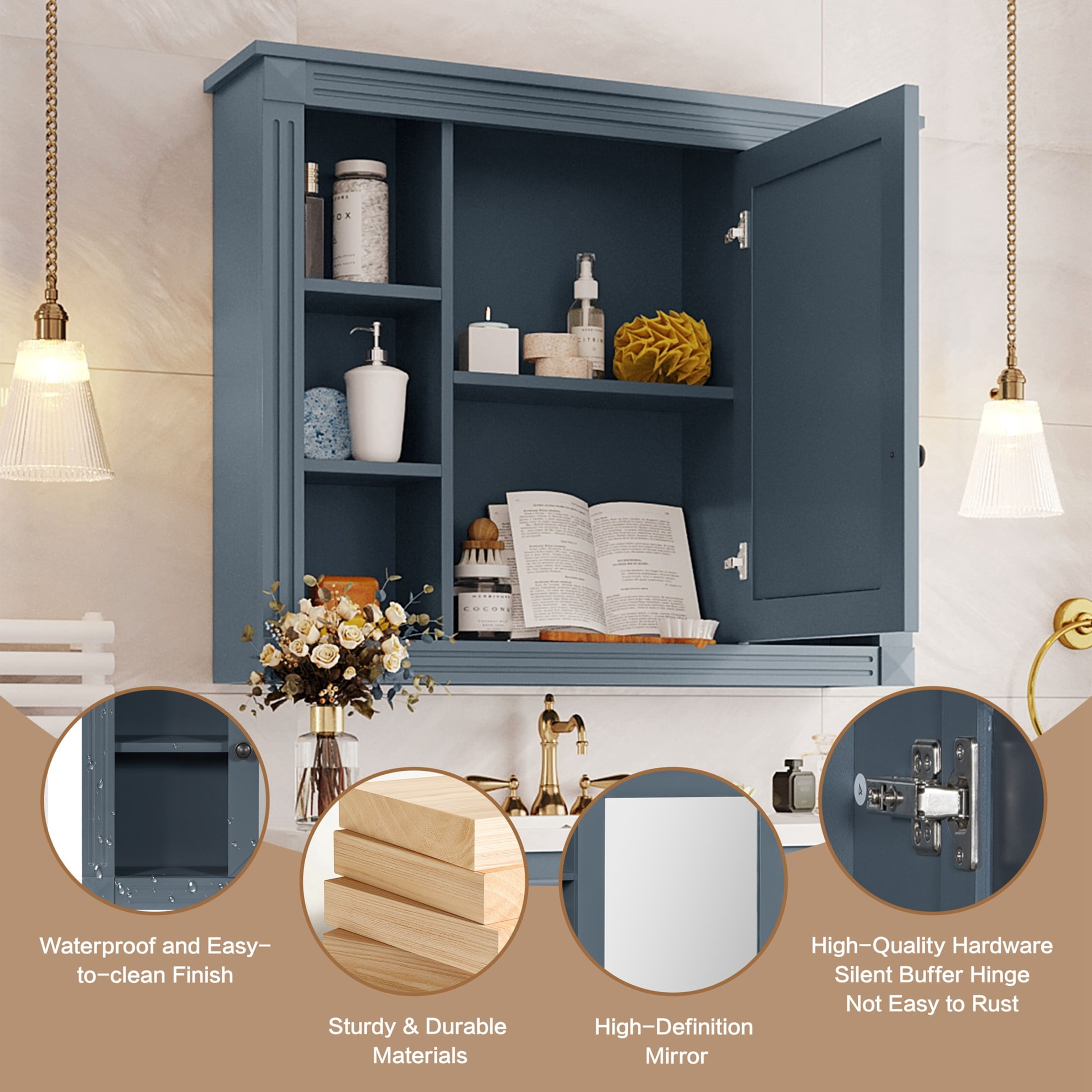 Noble House Wall Mounted Bathroom Mirror Cabinet with Open Shelves, Medicine Storage Cabinet, Blue