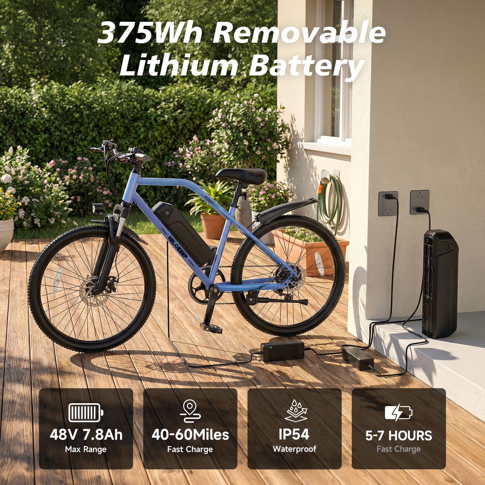 Helokeep M2601 Electric Bike for Adults, 26"x4.0 Tire E-Mountain Bicycle, Peak 750W Motor 48V 7.8Ah Removable Battery 7-Speed E-Bike UL2849, Blue