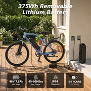 Electric Mountain Bicycle, 26 Tire E-Bike for Adults, 750W Peak Motor, 48V 7.8Ah Removable Battery, 7-Speed, UL2849, Front Suspension, Blue
