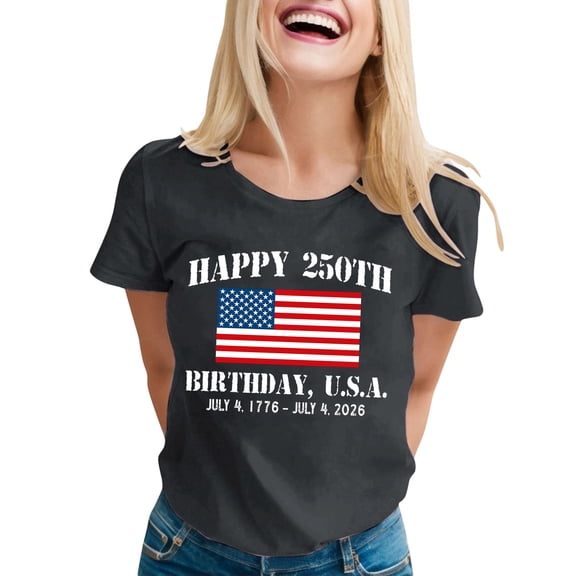 WAYUTE Women Shirts Us National Flag Pattern USA 1776-2026 Letter Print Short Sleeve Crew Neck For 4Th Of July Party Night Casual Tee,Dark Gray,M