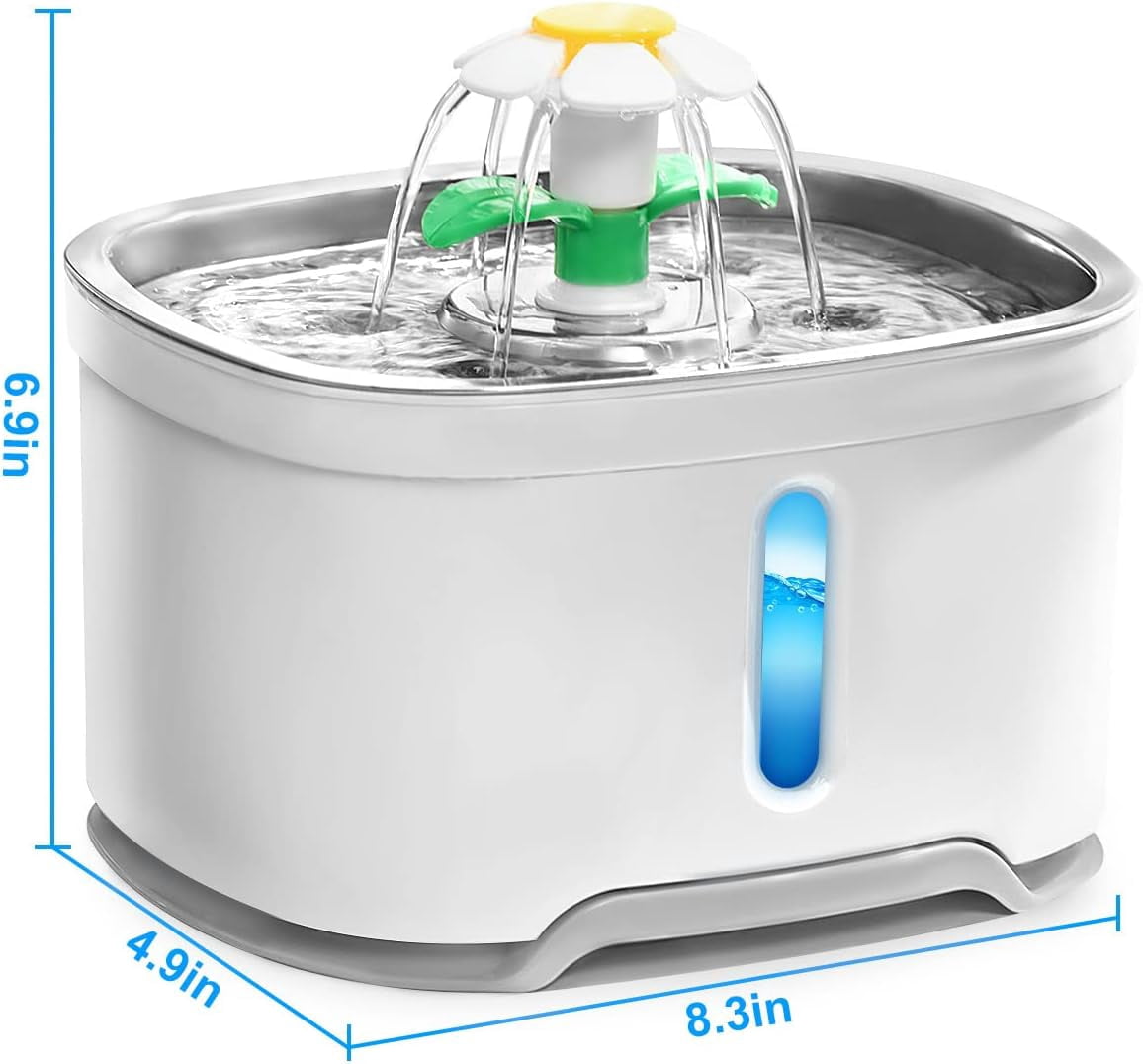 Stainless Steel Pet Water Fountain with Adapter, 84oz/2.5L Automatic Cat Water Fountain Dog Water Dispenser for Cats, Dogs, Birds, Multiple Pets (Gray)