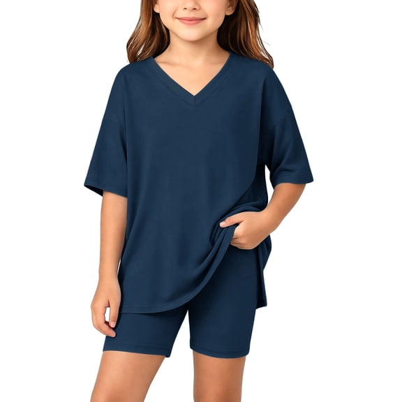 Girls 2pc Outfits Summer Solid Color Short Sleeve V Neck Drop Shoulder T-Shirts Basic Leggings Shorts Sets Navy 12-13 Years