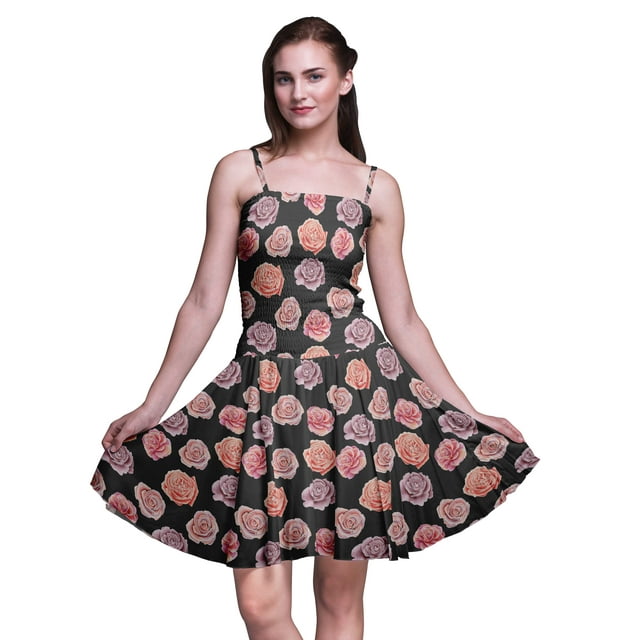 Bimba Robe Cocktail au-Dessus du Genou Smockée Florale pour Femmes Robe d'Été Fluide-Large