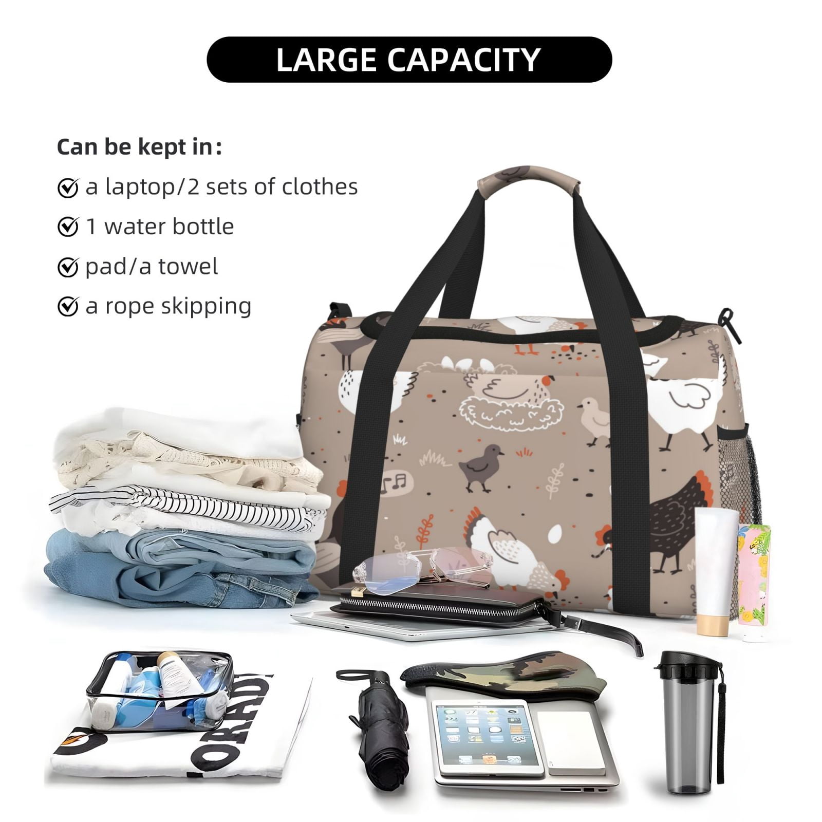 Fuzoiu Chicken Print Travel Duffle Bag,Carry On Tote Bags,Duffel Bag,Sport Gym Bag, Hospital Bag for Labor and Delivery, Overnight Bag,Luggage Bag