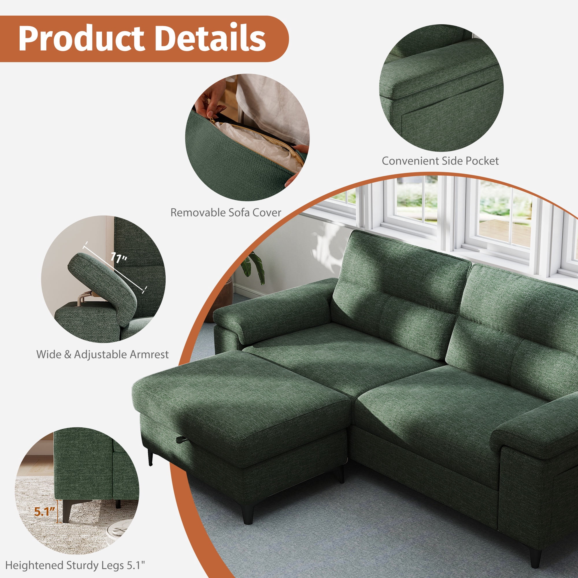 88" Loveseat Sofa with Storage Ottoman Adjustable Armrest 3-Seat L-Shaped Sectional Couch for Living Room Green
