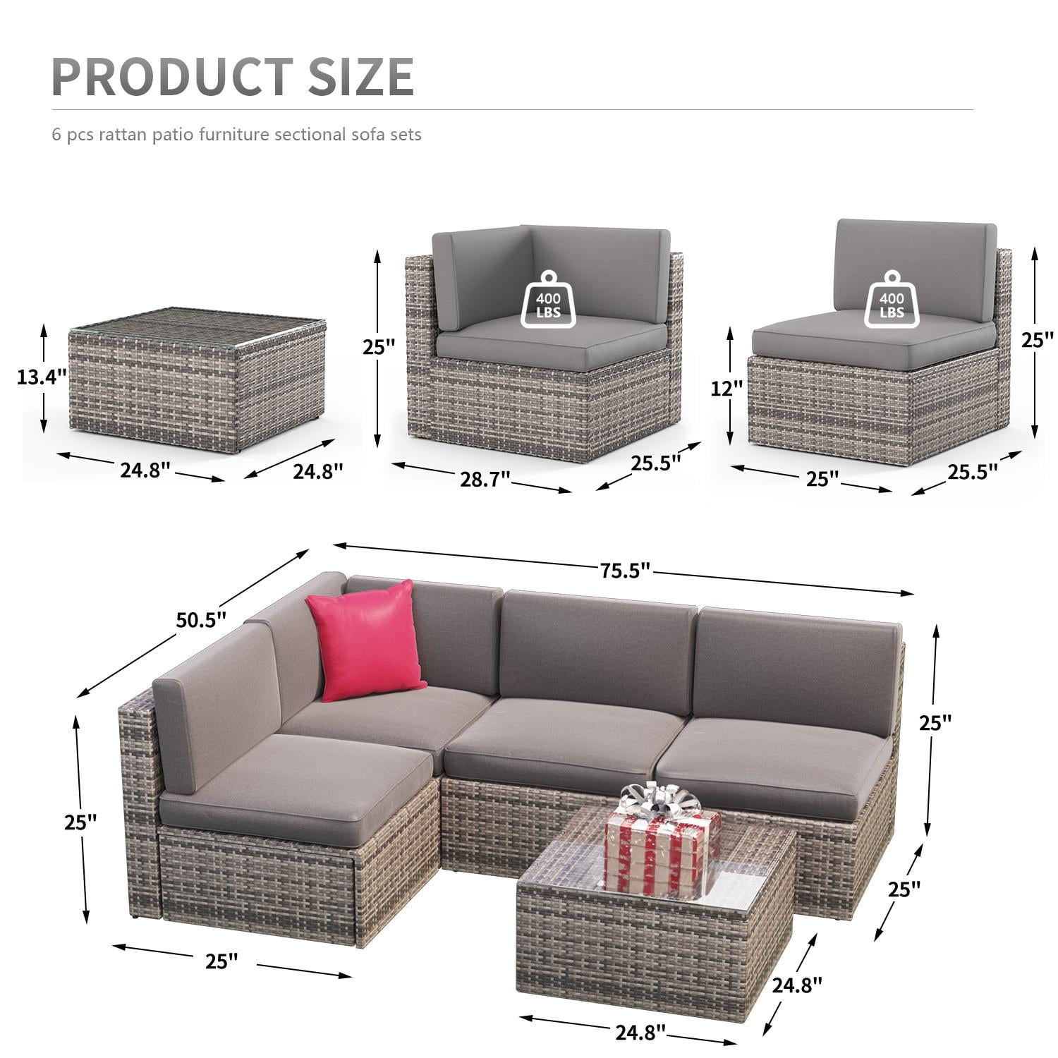 BaPiPro 5pcs Outdoor Patio Furniture Set, PE Rattan Wicker Sectional Conversation Set with Glass Coffee Table,Gray