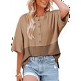 thumbnail image 2 of Women Waffle Knit Tops 2025 Fashion 3/4 Sleeve Crew Neck Oversized Patchwork Blouses Beige L, 2 of 6