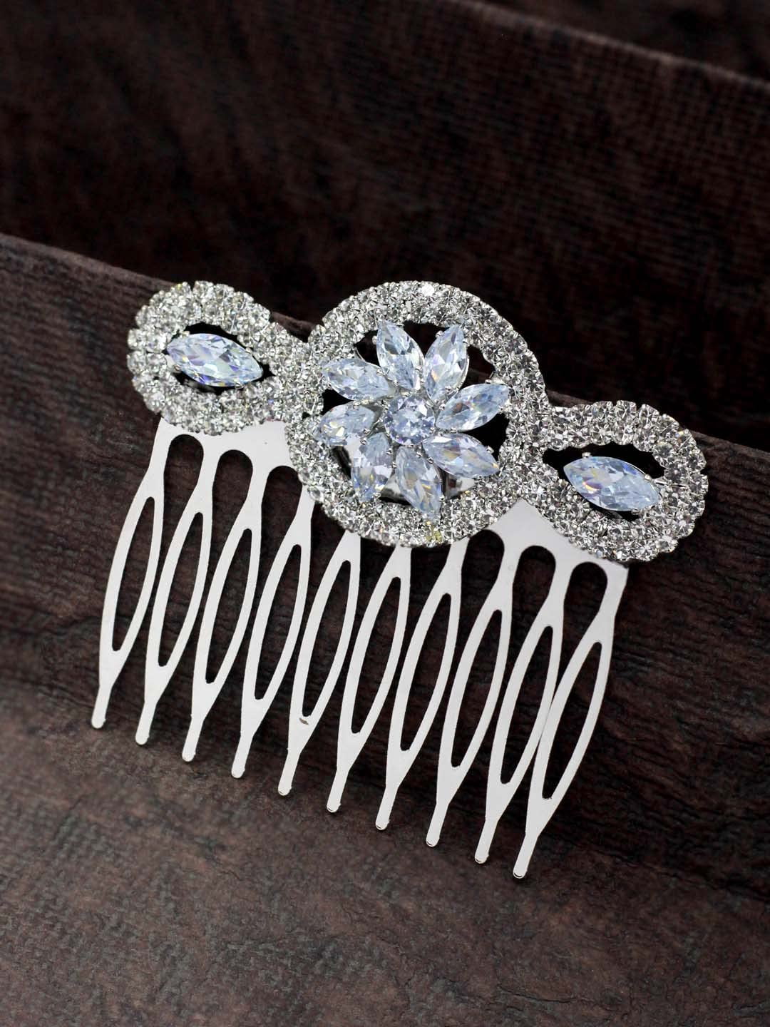 Radhna Diamond Luster Silver Comb Pin | Pearl Clip For Women & Girls | Rose Gold