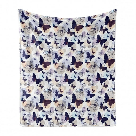 Butterfly Soft Flannel Fleece Throw Blanket, Silhouettes and with Swirled Curly Wings on Pastel Color Blots, Cozy Plush for Indoor and Outdoor Use, 50" x 70", Multicolor, by Ambesonne