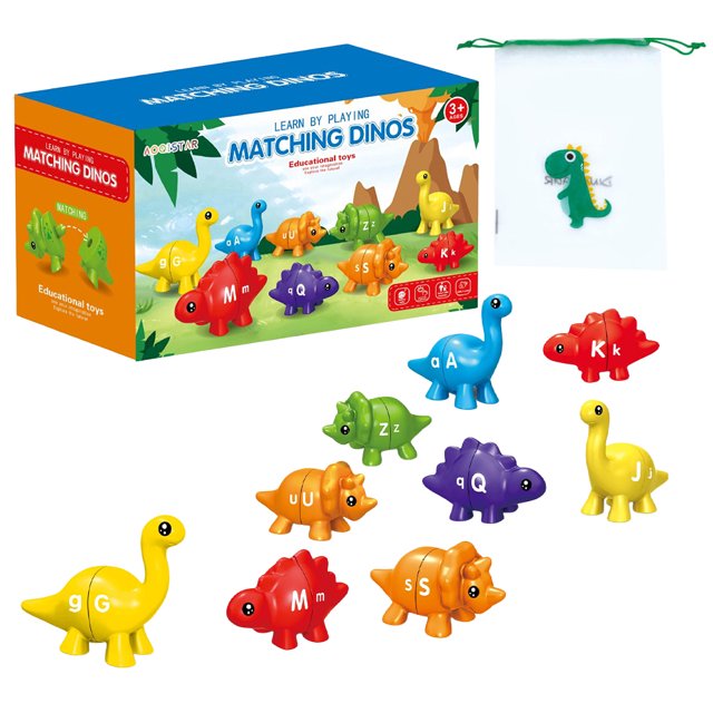 juguetes de dinosaurios a juego con letras abc juguetes de dinosaurios a juego con letras abc, juguetes montessori para niños y niñas (buzón) Conjunto frontal de 13 dinosaurios de plástico multicolores (amarillo, rojo, verde, azul, naranja, morado) con letras mayúsculas y minúsculas impresas a doble cara en cada figura; incluye caja de empaque ilustrada y bolsa tipo buzón blanca con cordón verde; dimensiones aproximadas de las piezas 100x80x40 mm, material plástico, diseñado para clasificación y aprendizaje del alfabeto desde 18 meses en adelante; a menudo usado también como recurso lúdico para actividades Montessori de correspondencia letra-figura.