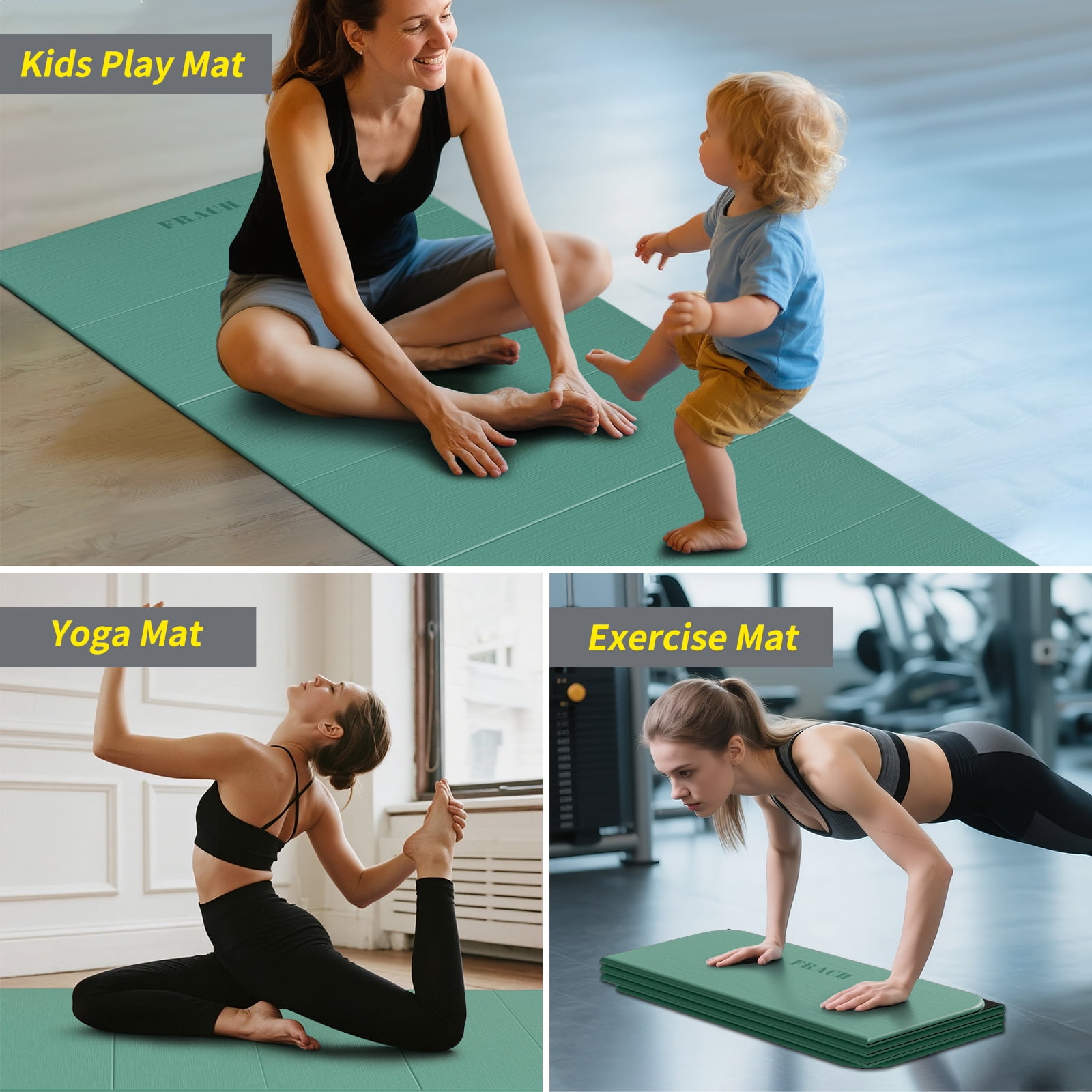 Frach Wide Foldable Yoga Mat - Extra Large 75"x32" Quick-Fold & Versatile Use Non-Slip TPE for Workout & Home Gym (Green+Black)