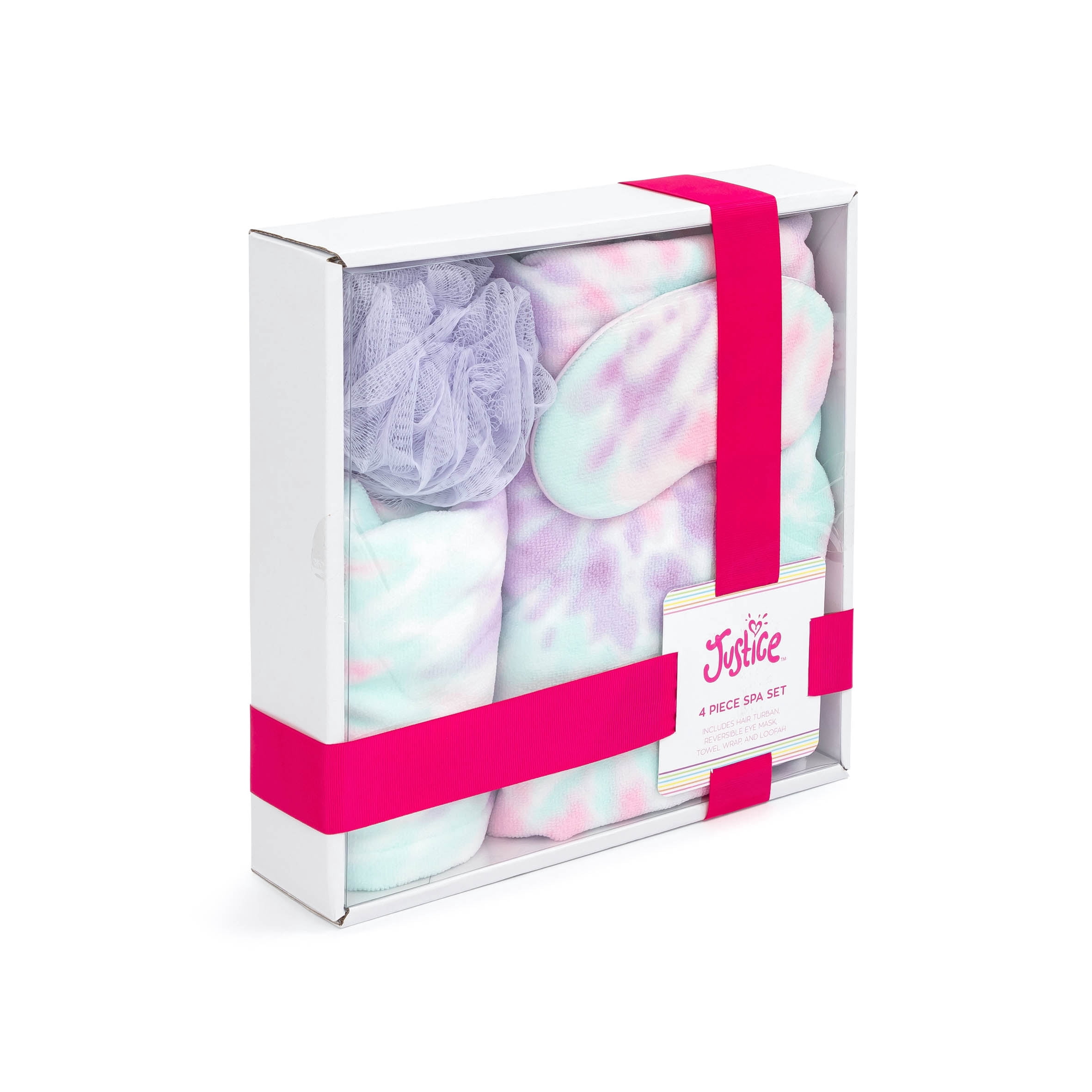 Justice Choose Happiness 4-Piece Spa Set with Bath Towel Wrap, Eye Mask and Loofah, Purple